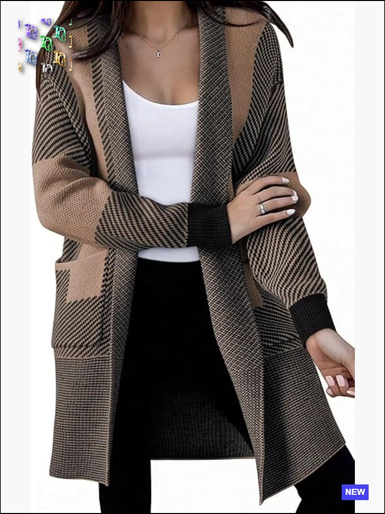 Open Front Long Sleeve Cardigan Sweater Casual Color Block Fall Outfits With